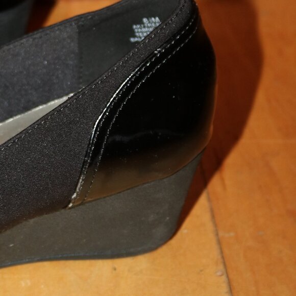 Anne Klein Sport Taelyn Black Stretch Fabric Patent Leather Buckle Wedge Shoes - Picture 4 of 9